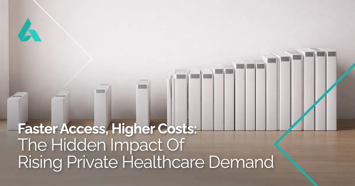 A series of white binders, from small to large, in a graph-like manner, with the words, Faster access, higher costs: the hidden impact of rising private healthcare demand