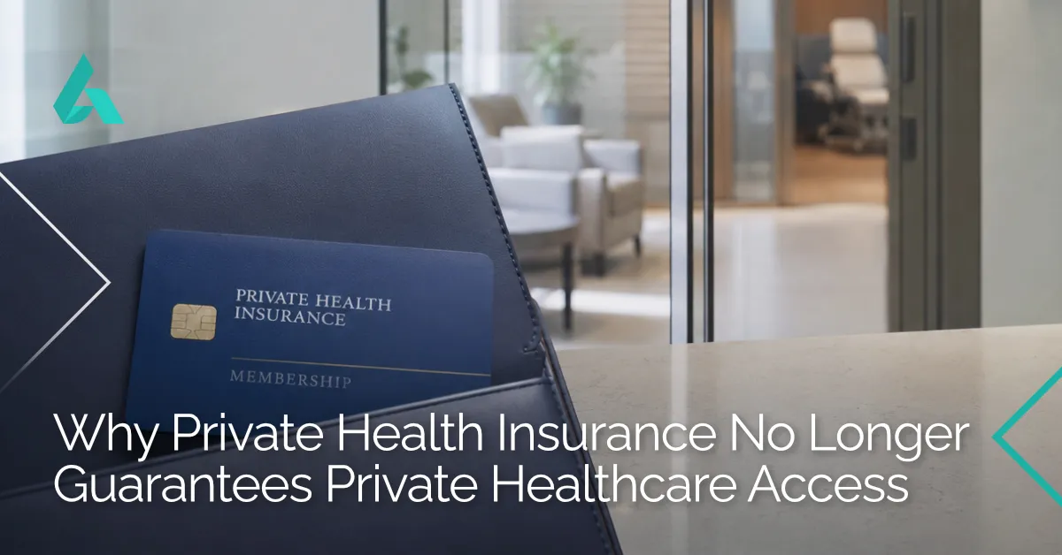 Blue private health insurance card in a folio against a modern interior, with the text, Why Private Health Insurance No Longer Guarantees Private Healthcare Access