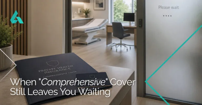 Dark Comprehensive Cover health insurance folder on a counter with the text, When Comprehensive Cover Still Leaves You Waiting