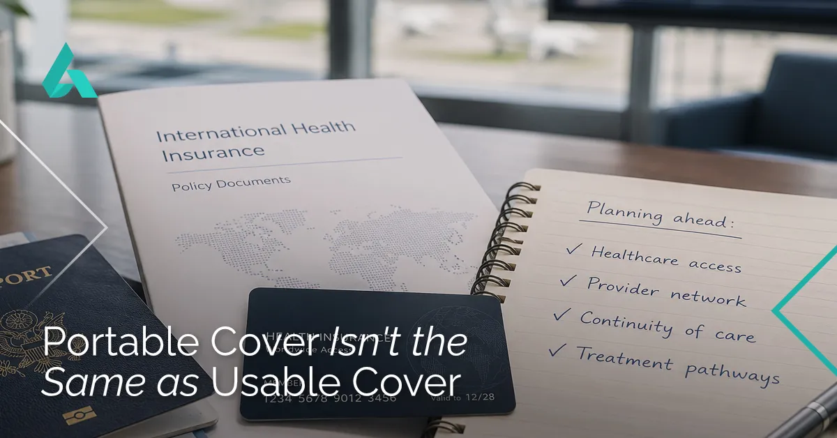 An International Health Insurance document, passport, and Planning ahead checklist with the text, Portable Cover Is not the Same as Usable Cover
