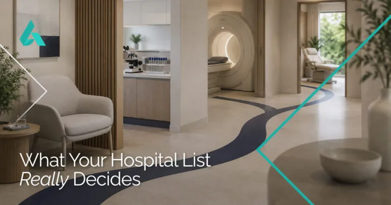 A modern hospital hallway featuring medical equipment in the background and text overlaid that reads, What Your Hospital List Really Decides.