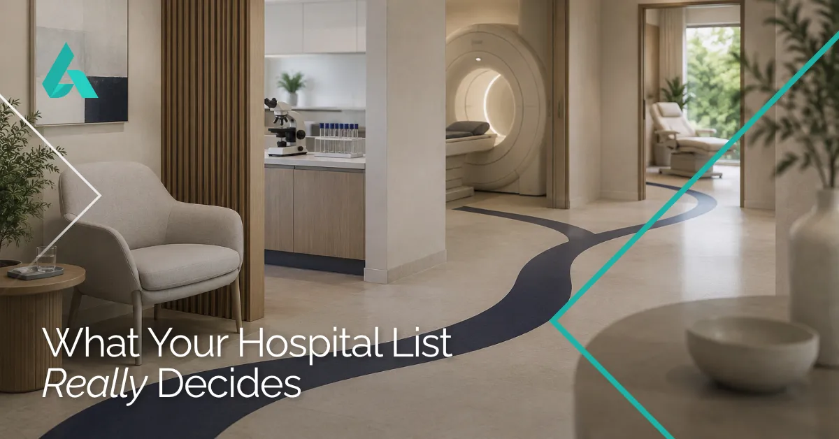 A modern hospital hallway featuring medical equipment in the background and text overlaid that reads, What Your Hospital List Really Decides.
