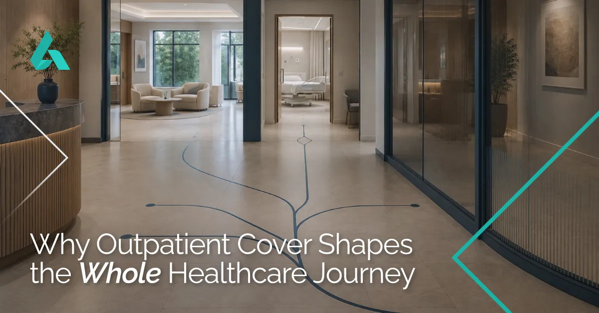 A modern hospital interior with branching blue floor lines and overlaid text, Why Outpatient Cover Shapes the Whole Healthcare Journey.