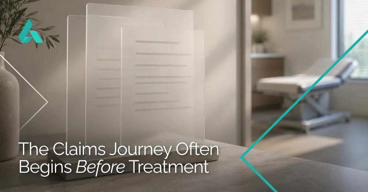 Frosted glass document displays on a desk with a medical room in the background and overlaid text, The Claims Journey Often Begins Before Treatment.
