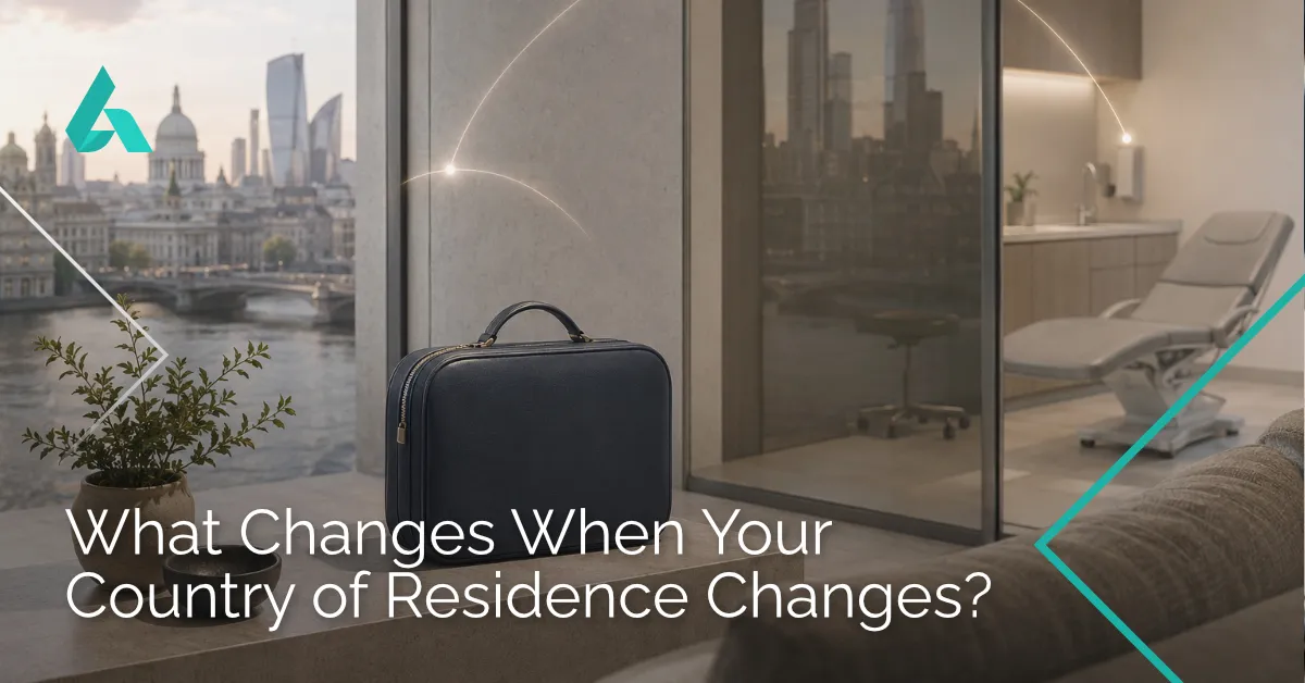 A dark blue travel case on a desk with a medical examination room in the background, accompanied by overlaid text, What Changes When Your Country of Residence Changes?.