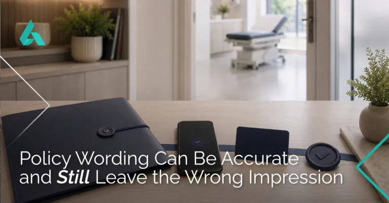 A folder, phone, card, and checkmark seal resting on a desk with a medical examination room in the background, featuring overlaid text, Policy Wording Can Be Accurate and Still Leave the Wrong Impression.