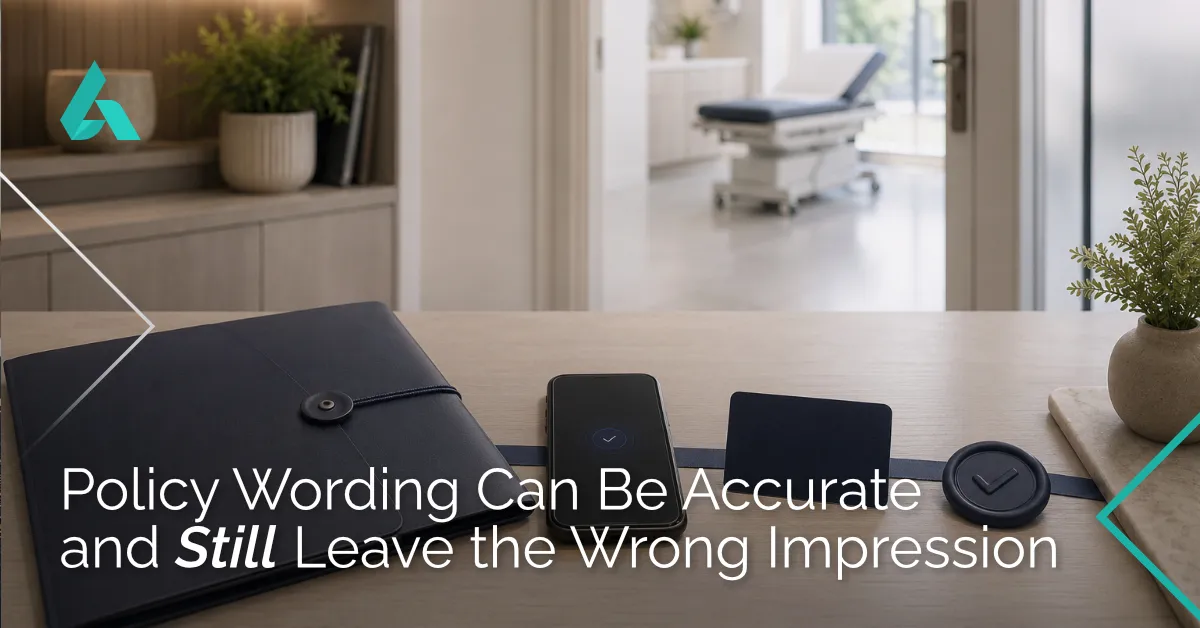 A folder, phone, card, and checkmark seal resting on a desk with a medical examination room in the background, featuring overlaid text, Policy Wording Can Be Accurate and Still Leave the Wrong Impression.